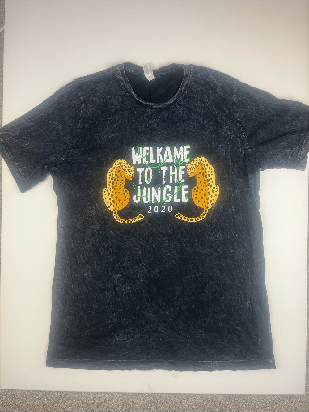 Bella Canvas Black Tee with Yellow Leopard Graphic and Green Accents, size Large